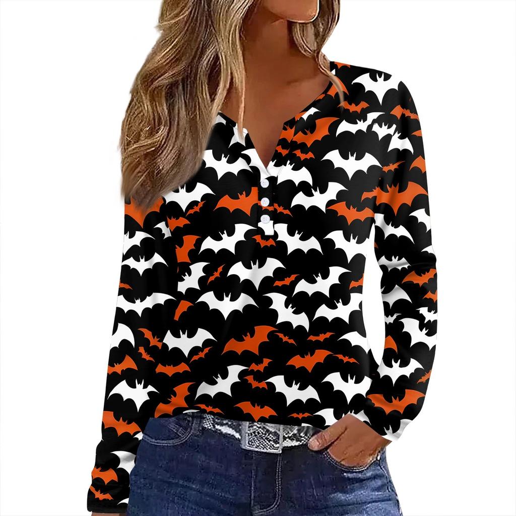 Dámské tričko s potiskem Halloweenu, knoflíky, dlouhý rukáv, denní, víkendová móda, základní, výstřih do V, běžný top