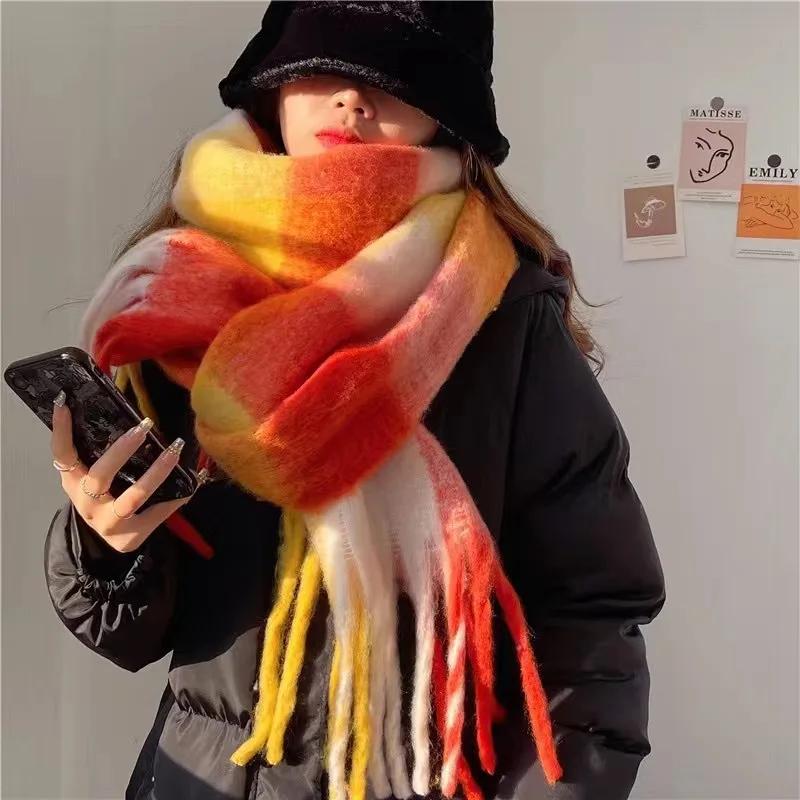 Winter Thick Warm Scarf Women Cashmere Shawl and Wraps Pashmina Neckerchief Bufanda Female Rainbow Hairy Tessel Echarpe New