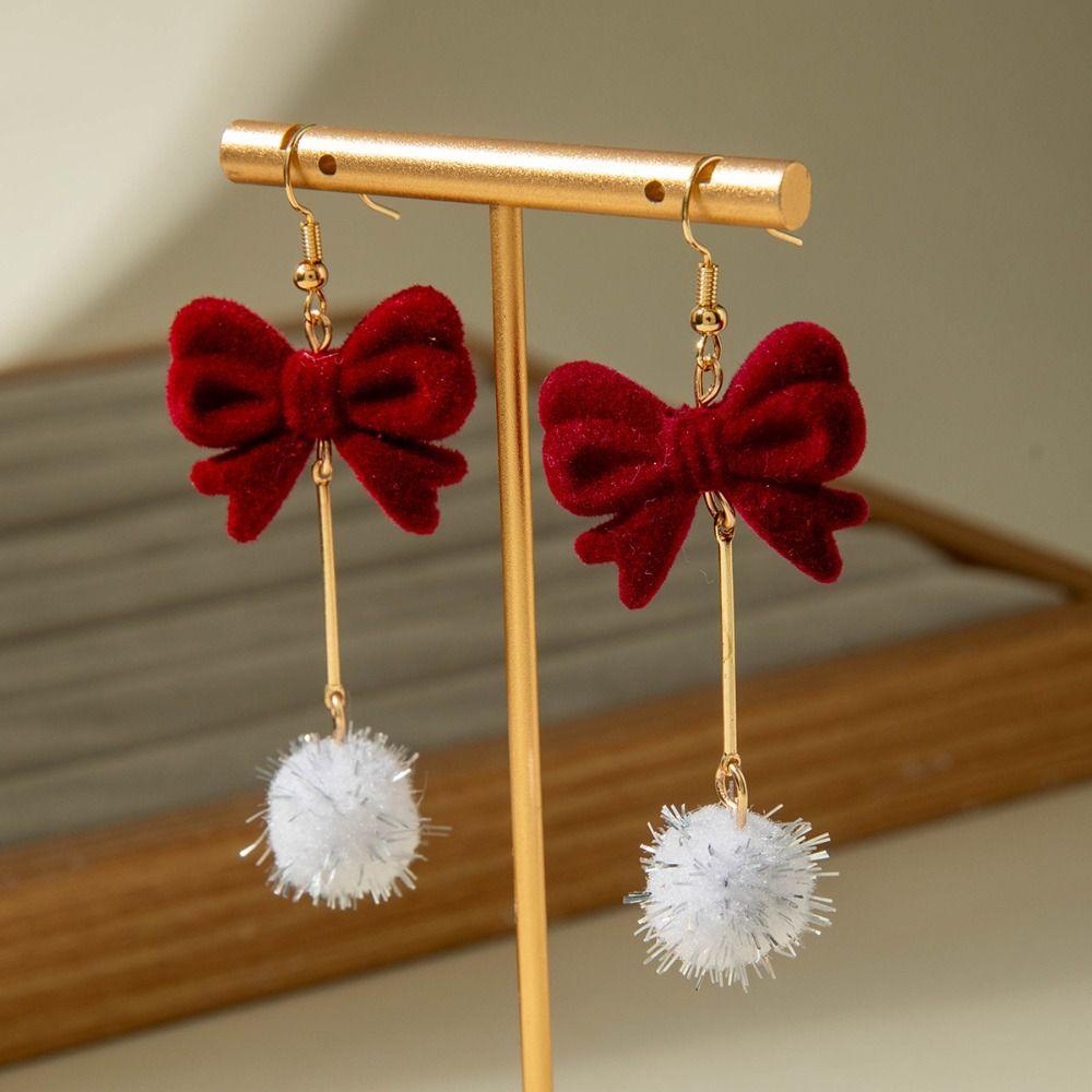 Zinc Zinc Alloy Wine Red Bow Drop Earrings Pearl New Year Earrings Red Velvet Bow Earrings  Autumn/Winter