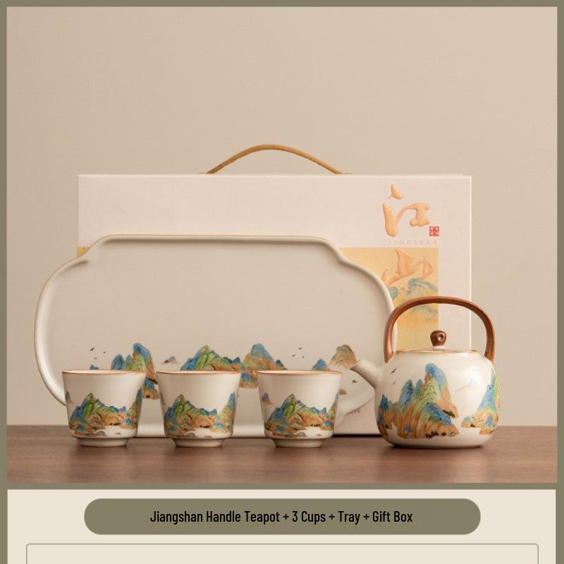 "A Thousand Li of Rivers and Mountains" Luxury Tea Set – Teapot & Teacups Gift for Teachers, Elders, Leaders