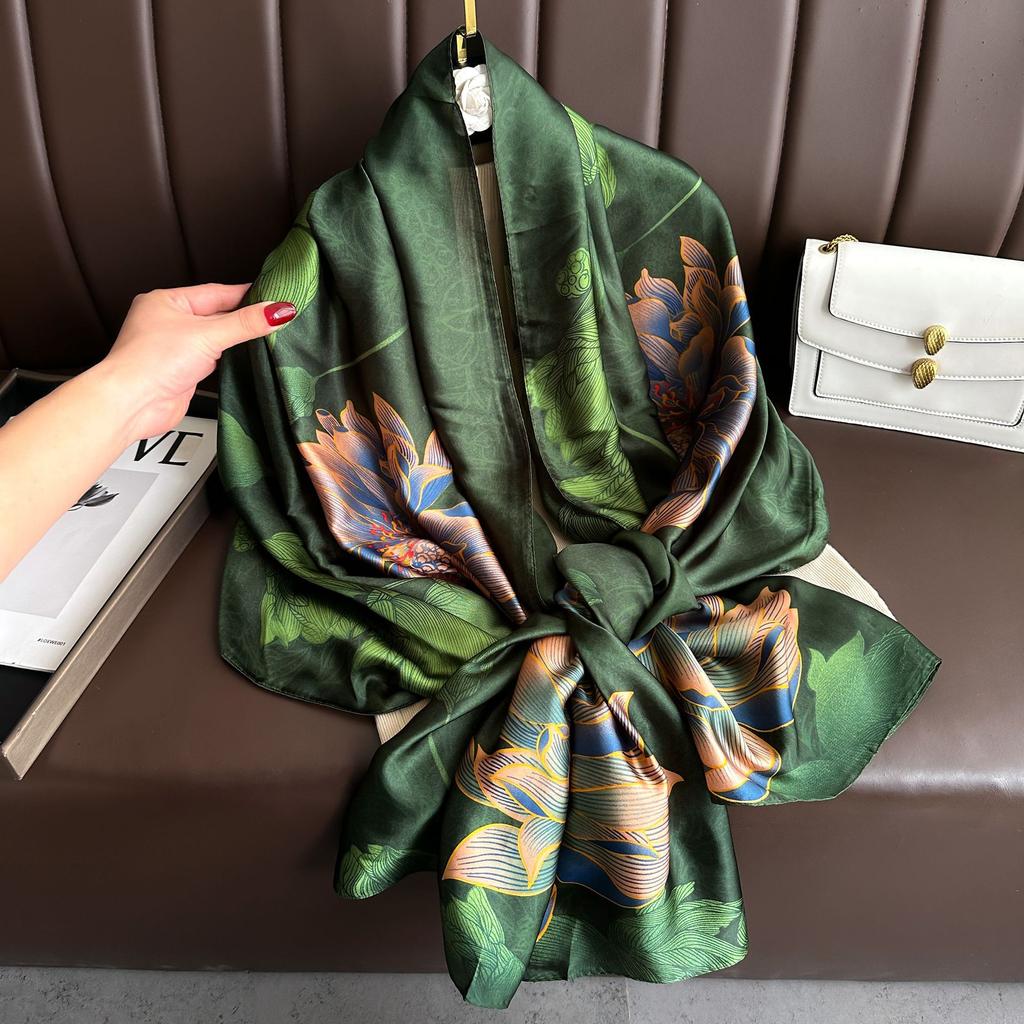 Long Silk Scarf Spring and Summer Thin Style Printed Scarf Beautiful Brocade Lotus Shawl Imitation Silk Scarf Gauze Scarf