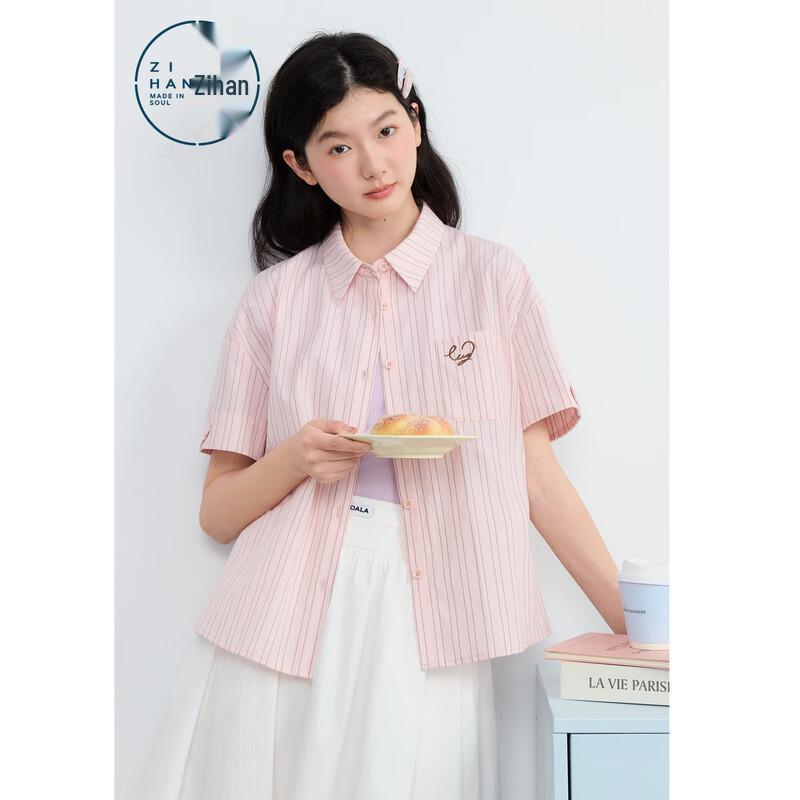 ZIHAN Women s Pink Striped Embroidered Short Sleeve Shirt M