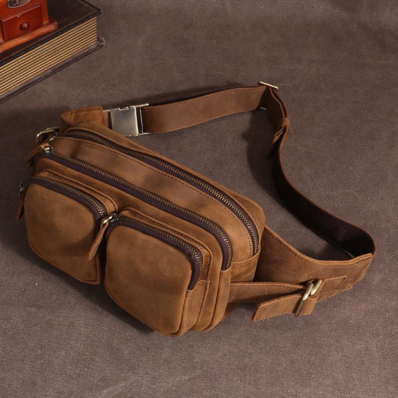 Marsupio Casual in Pelle, Portafoglio da Cassa da Uomo, Marsupio in Pelle di Vacchetta di Primo Strato, Borsa da Petto da Uomo, Borsa per Telefono in Pelle Crazy Horse