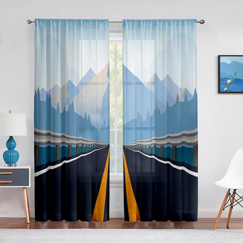 Landschaft Wüste Sonnenuntergang Autobahn Straße Transparente Fenstergardinen für Wohnzimmer Küche Kinderzimmer Tüll Voile Hängegardine
