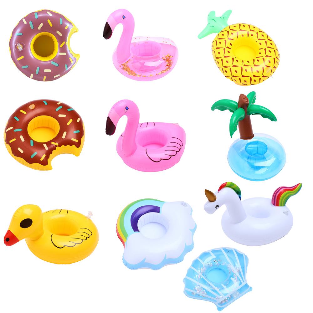 Available: Inflatable Cup Holders - Flamingo, Donut, Lemon, Watermelon, Pineapple, Crab, and Heart.