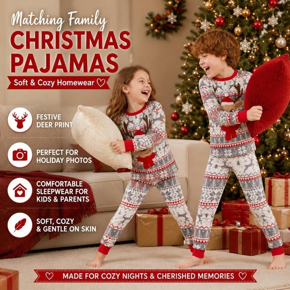 Xmas Deer Christmas Pyjamas Set Long Sleeve Top+Pants Soft Adult Kids Loungewear  Sleepwear