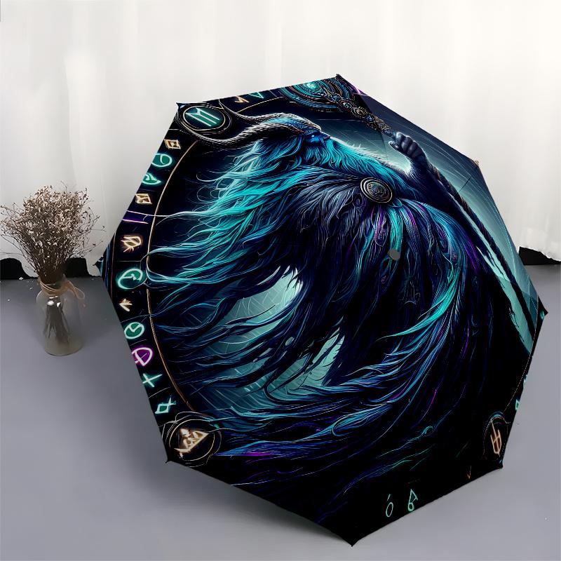 Enchanted Wizard Portrait Circular Wall Art Print Umbrella, Cute Umbrella with Cute Design, Portable 3-Fold Compact Umbrella for Men & Women, Valentin