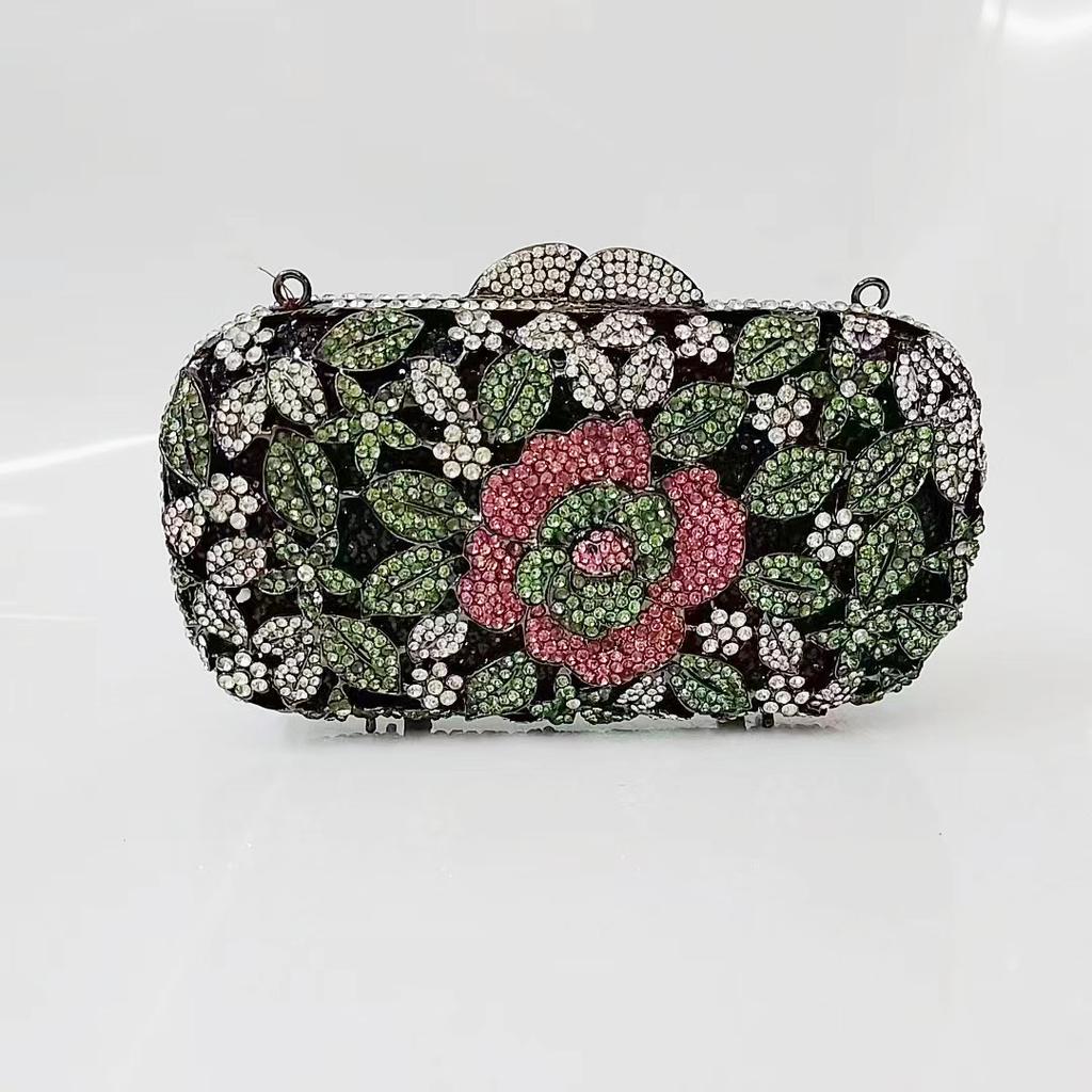 Green/Pink Flower Crystal Evening Bag Clutches Floral Wedding Party Bags Rhinestone Chain Clutch Handbags  Banquet Dinner Purses