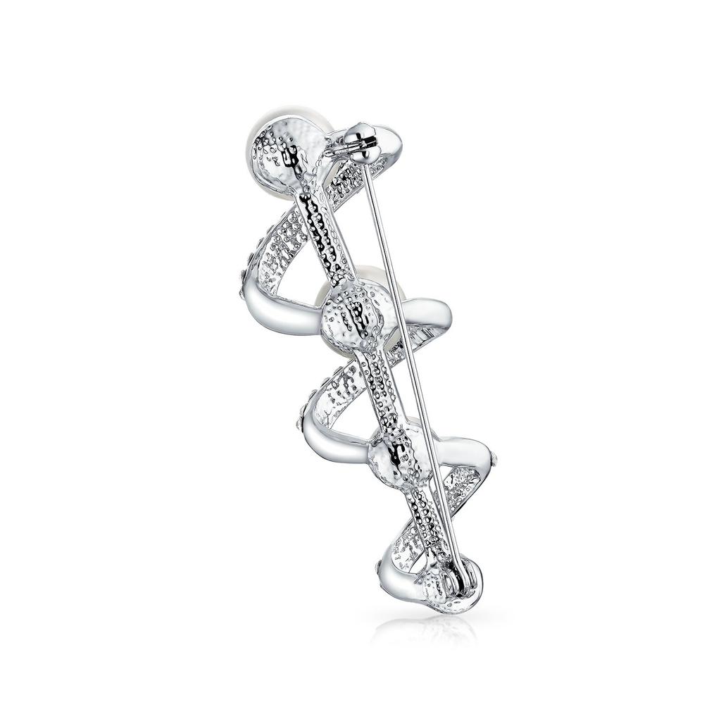 Bridal Fashion Statement Crystal Spiral White Simulated Pearl Scarf Brooch Pin Graduated Silver Plated for Women.