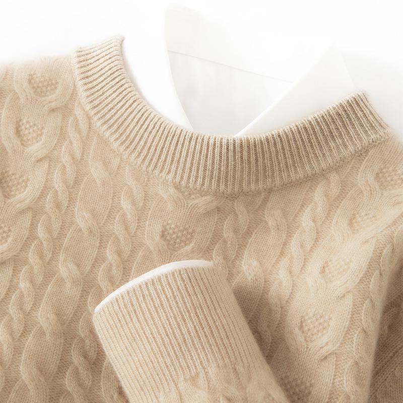 Men’s Heavyweight Cable Knit Cashmere Sweater - Round Neck, Thickened, Long Sleeve, 7 Gauge Double Ply for Autumn/Winter. L