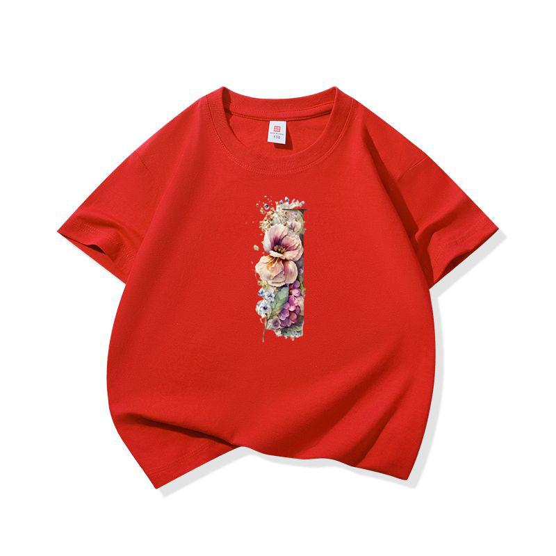 Kids Cotton T Shirt Floral Letter I Print Crew Neck Short Sleeve Tee Casual Boys Girls Summer Tops