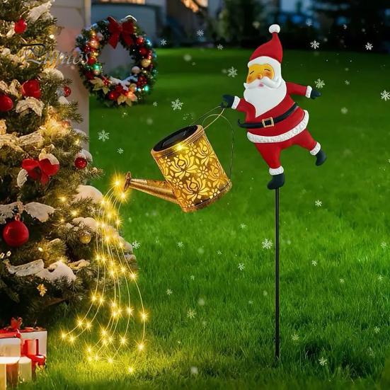 Metal Santa Silhouette Lawn Lamps Christmas Solar Kettle Light, Solar-Powered Claus Watering Can Stake Lamp Outdoor Fairy Lights for Garden