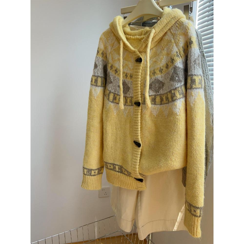 Dimanaf 2025 Autumn Sweaters Cardigan Yellow Women Pattern Printing Buttons Sweaters Knitting Loose Sweater