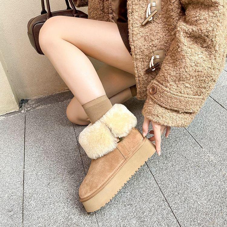 Women's Fur One Thick Bottom Heightening Winter Lightweight Padded Warm Snow Boots Non-slip Wear Casual Sports Cotton Shoes