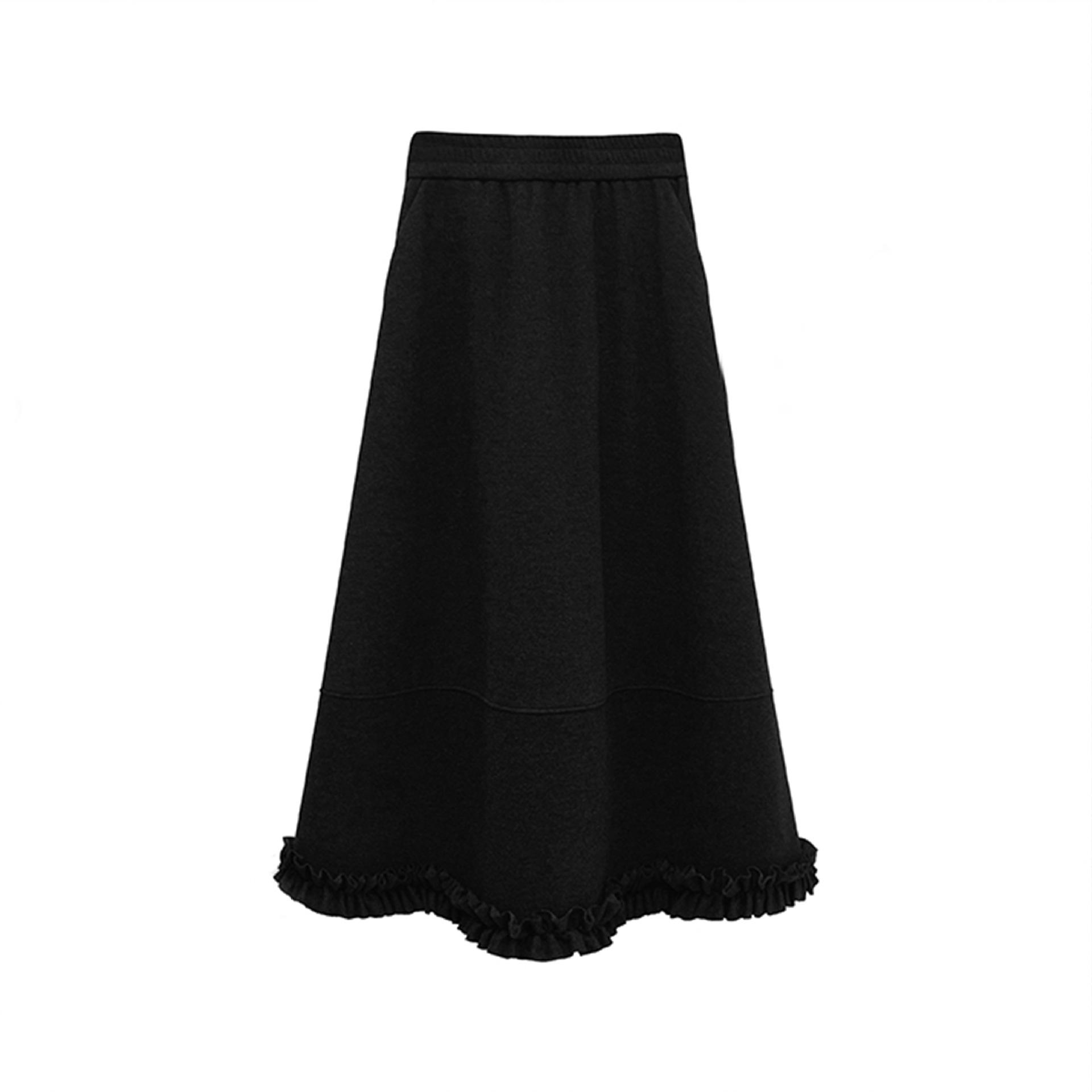

High-Waisted Ruffled Winter A-Line Skirt - Acetate Wool Blend, Elastic Wide Hem, Thickened Small чёрный