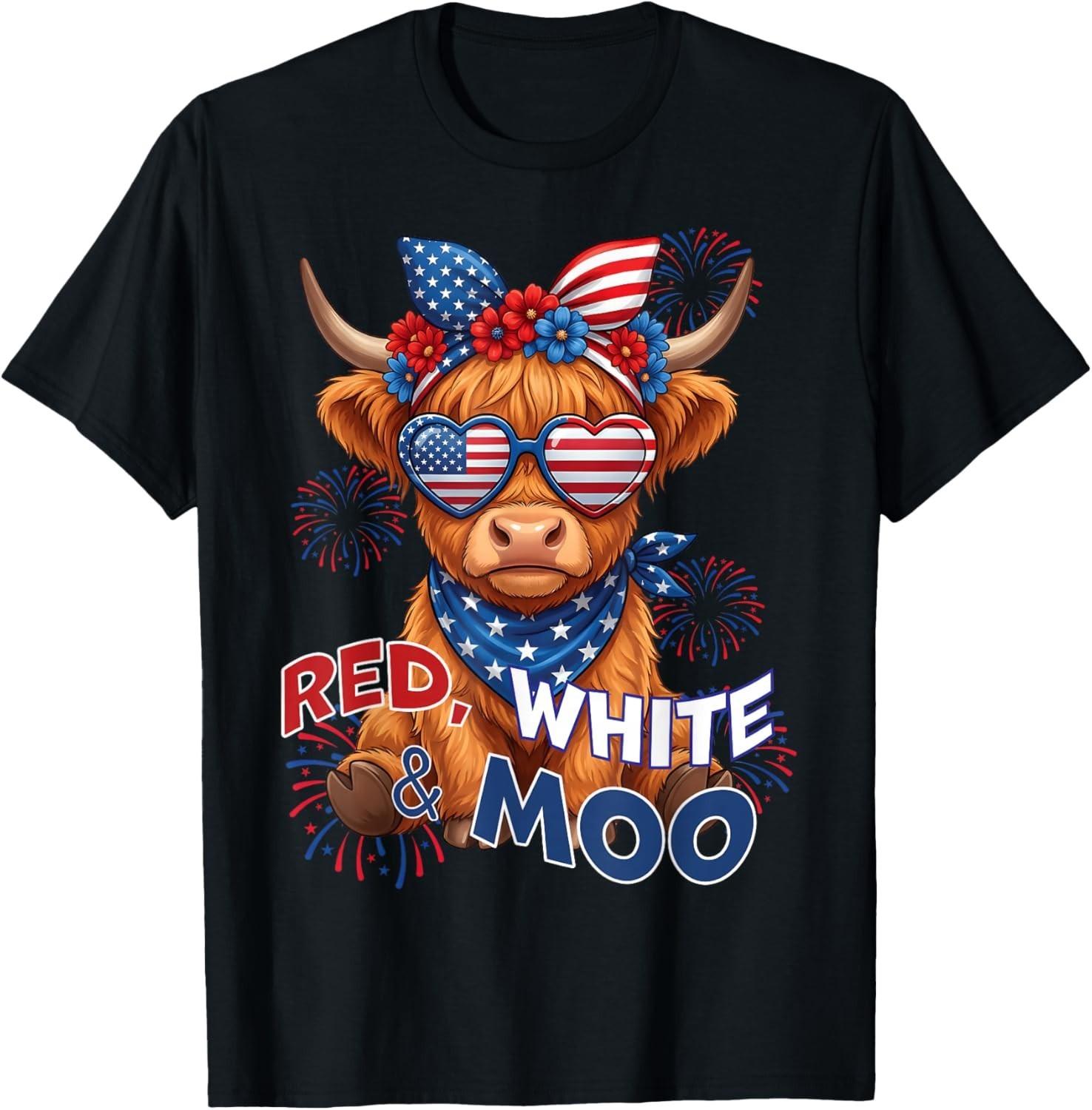 

Red White Moo Highland Cow 4th July USA Flag Patriotic Farm Animal T-Shirt 5XL різнокольоровий