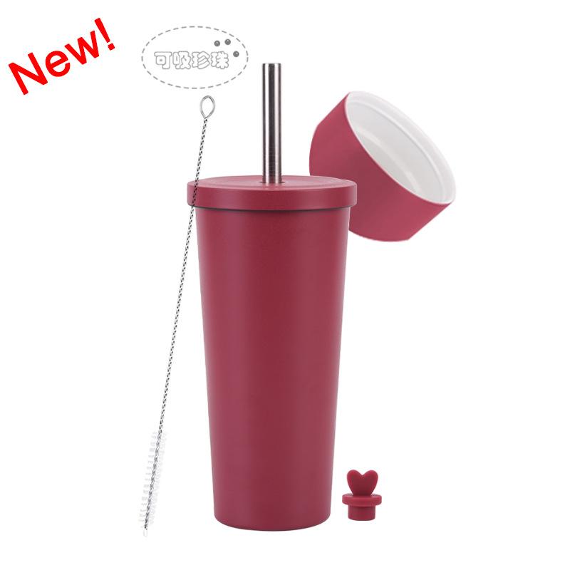 2025 Stainless Steel Straw Cup Ceramic Liner Bubble Tea Cup Vacuum Double-Layer Straw Thermos Cup