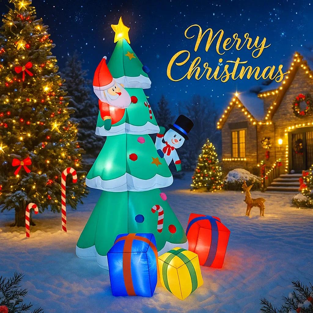 7.9FT Christmas Inflatable Toys With LED Lit Xmas Tree Set Santa Snowman Gift Box Ornament Supplies Festive Xmas Yard Decoration