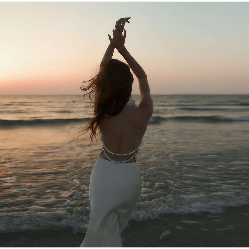 Women's Satin Sexy V-neck Temperament Halter Dress Summer New Slim Long Skirt Halter