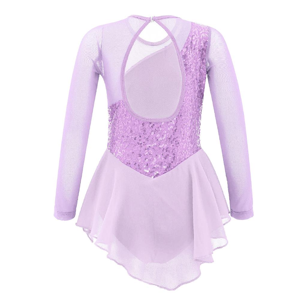 Robe de Danse Fille Manches Longues Col Rond Décoration Sequins Fleur Devant Creux Dos Robe de Performance Élégante