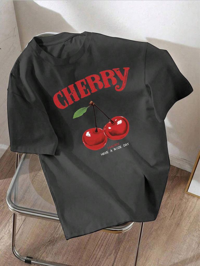 Cherry Cartoon Printed Graphic Women Cotton T-shirt Y2k Summer Fashion Brand Round Neck Short Sleeve Tops Vintage Casual Tee 3XL