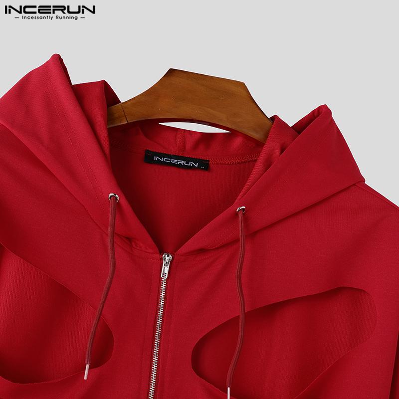 INCERUN Men Long Sleeve Cutout Loose Hollow Pullover Hooded Sweatshirts