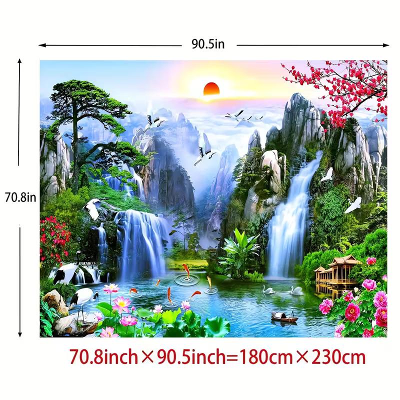 Chinese Feng Shui Waterfall Mountain Backdrop, Lucky Koi & Pine Tree Photography Background
