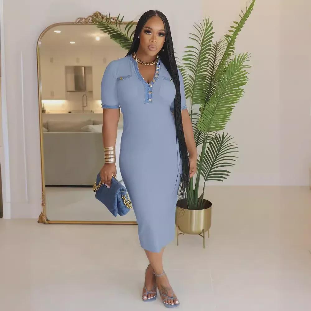 European & American Women's Fashion: Washed Denim Patchwork Dress with Pockets