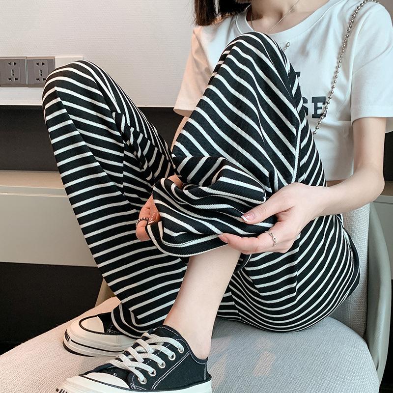 Black and White Striped Wide-leg Pants for Women In Spring and Autumn New High-waist Drooping Narrow Version Straight-leg Casual Pants for Women