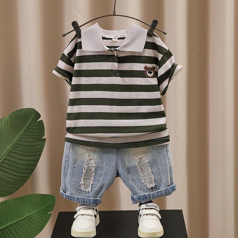Trendy Black Gray And Green Gray Children's Summer Polo Shirt Set For Boys Aged 3 To 8
