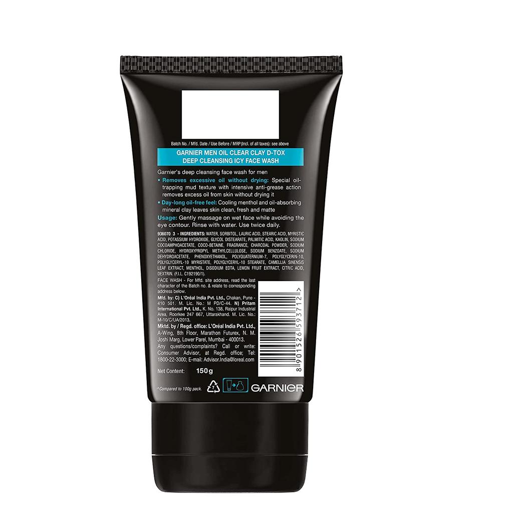 Garnier Men, Face Wash, Balances Oil Level In Skin, OilClear Clay D-Tox, 150 G