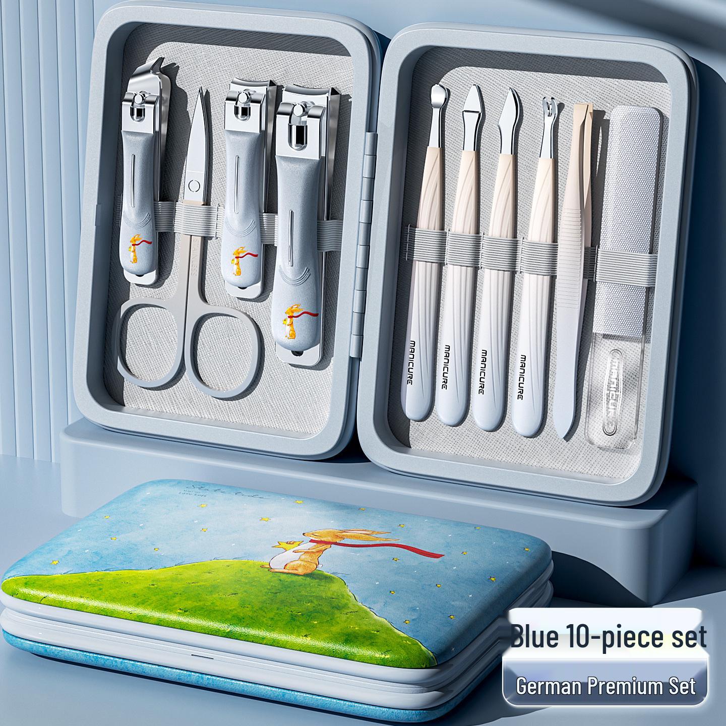 10-Piece Stainless Steel Manicure Set: Angled Clippers, Anti-Splash Cuticle Clippers, Eyebrow Scissors, Ear Spoons.