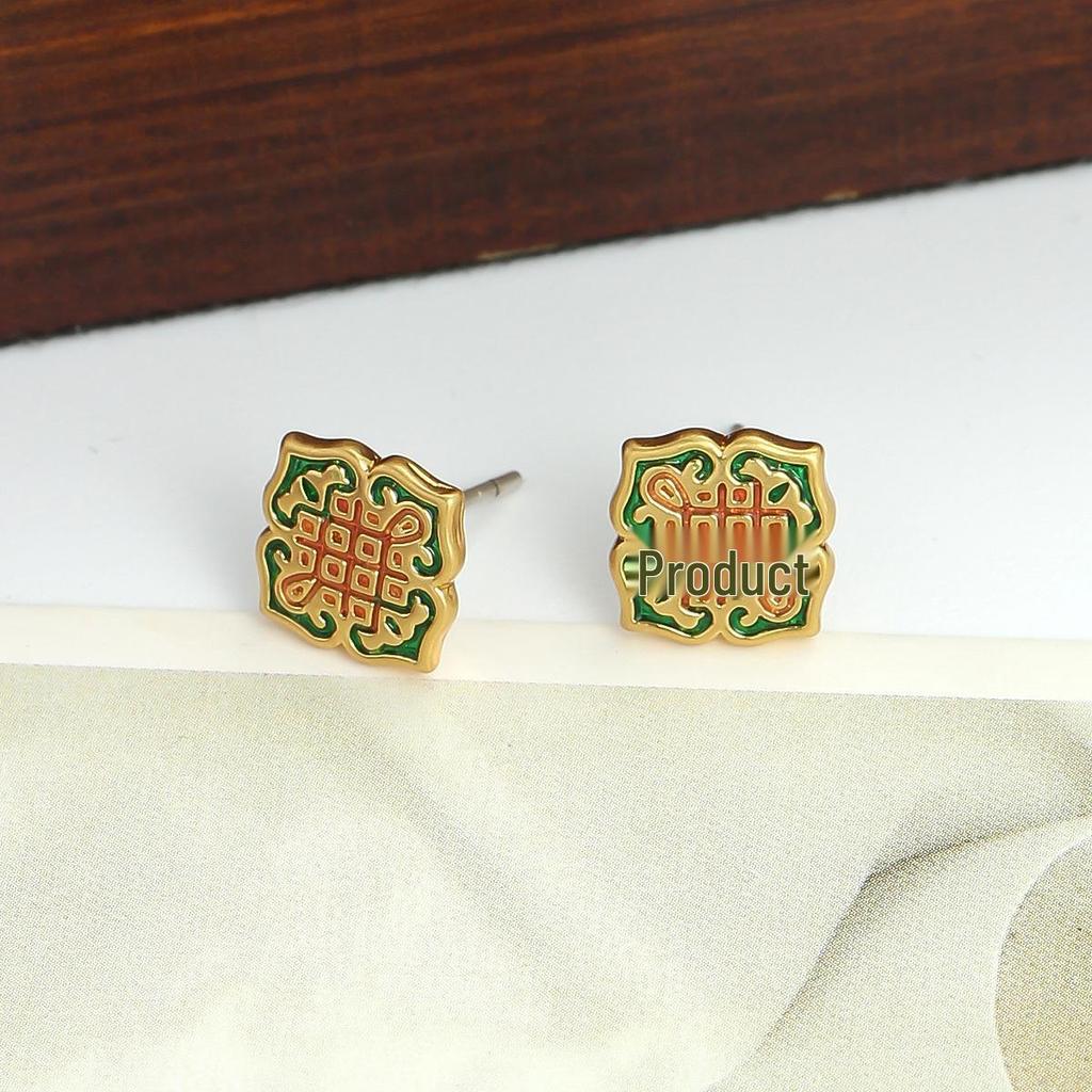 Chinese Knot Retro Enamel Stud Earrings: Elegant Lightweight National Style for Women