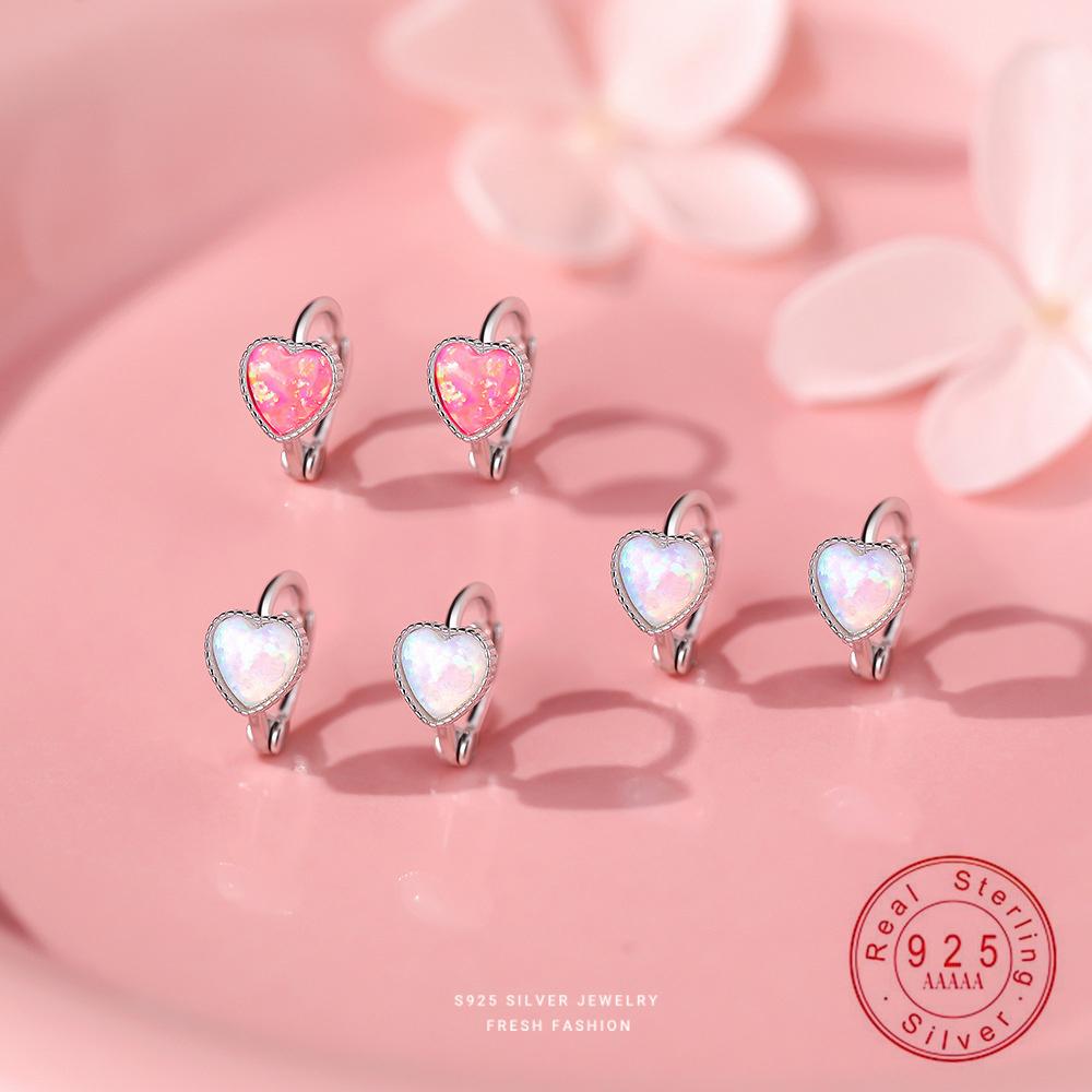 Fashionable Exquisite Heart Simulate Opal Earrings 925 Sterling Silver Jewelry for Women Hypoallergenic Gift
