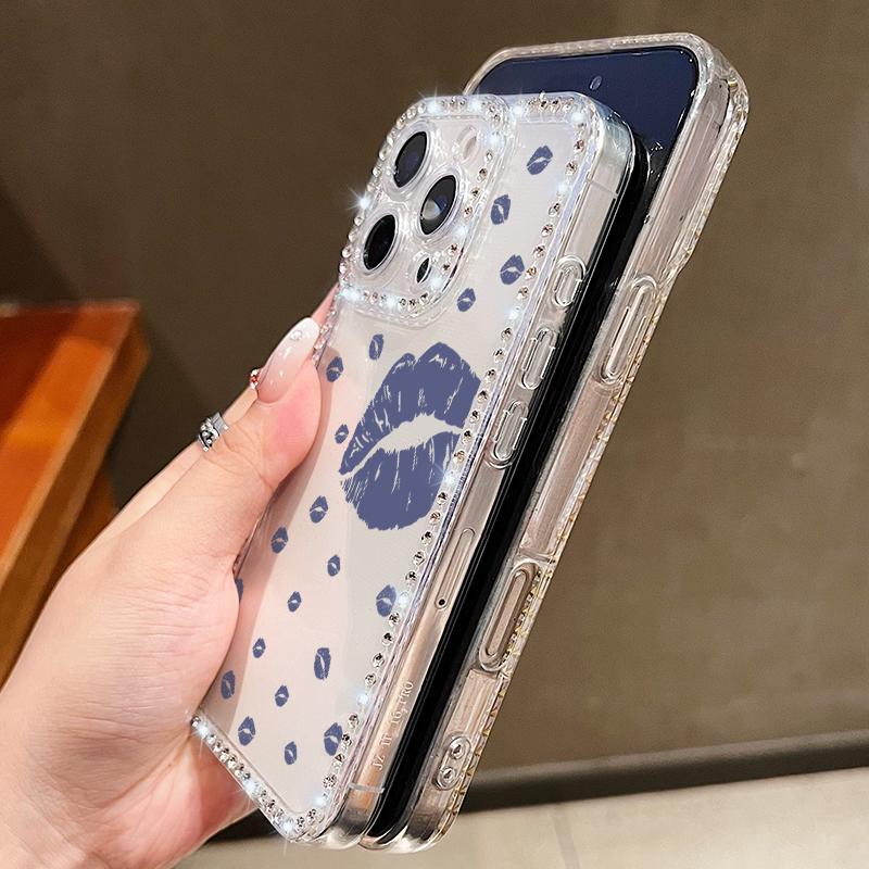 Red Lips Print Phone Clear Anti-Fall Case Shell For iPhone 16 Pro Max 16E 15 14 Pro 13 12 11 Diamond Frame Soft Silicone Shockproof Phone Cover