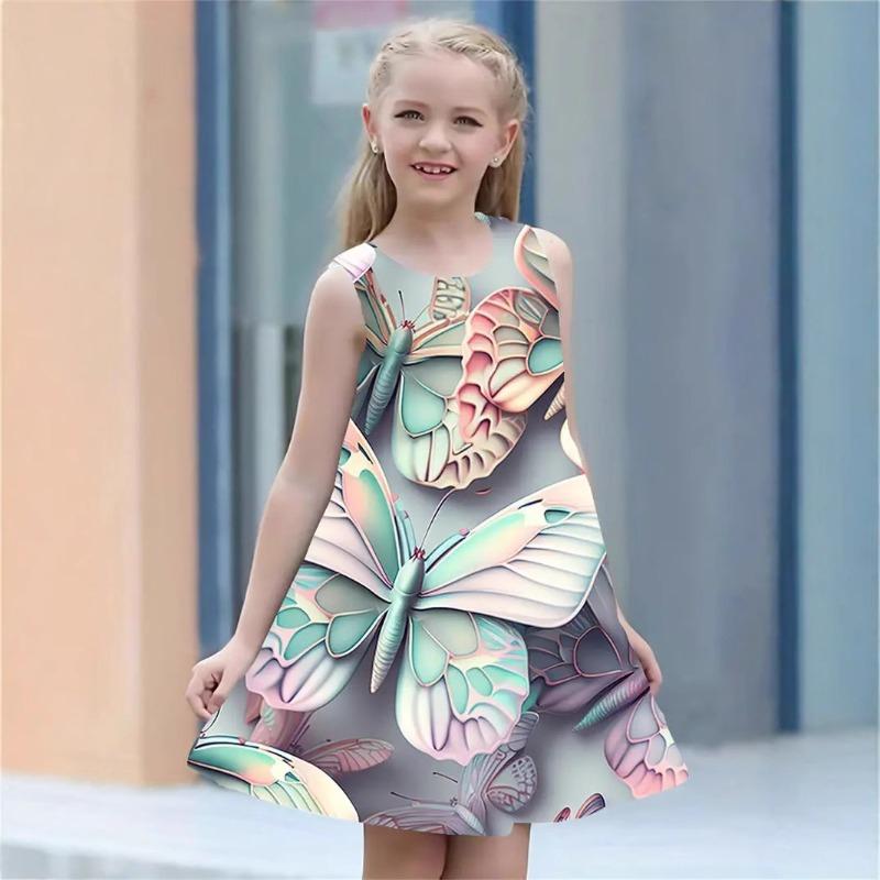 Stylish Cute Comfortable Butterfly Print Children's Sleeveless Women's Clothing Dresses Girls
