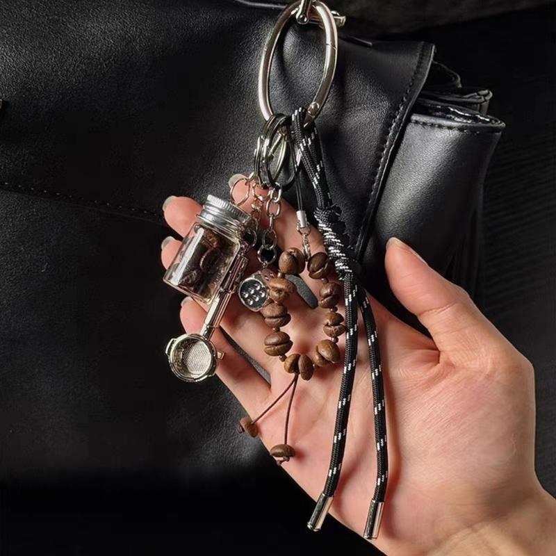 Coffee Lover Gift Resin Metal Keychain Vintage Braided Cord Design Compact Keyring for Accessories