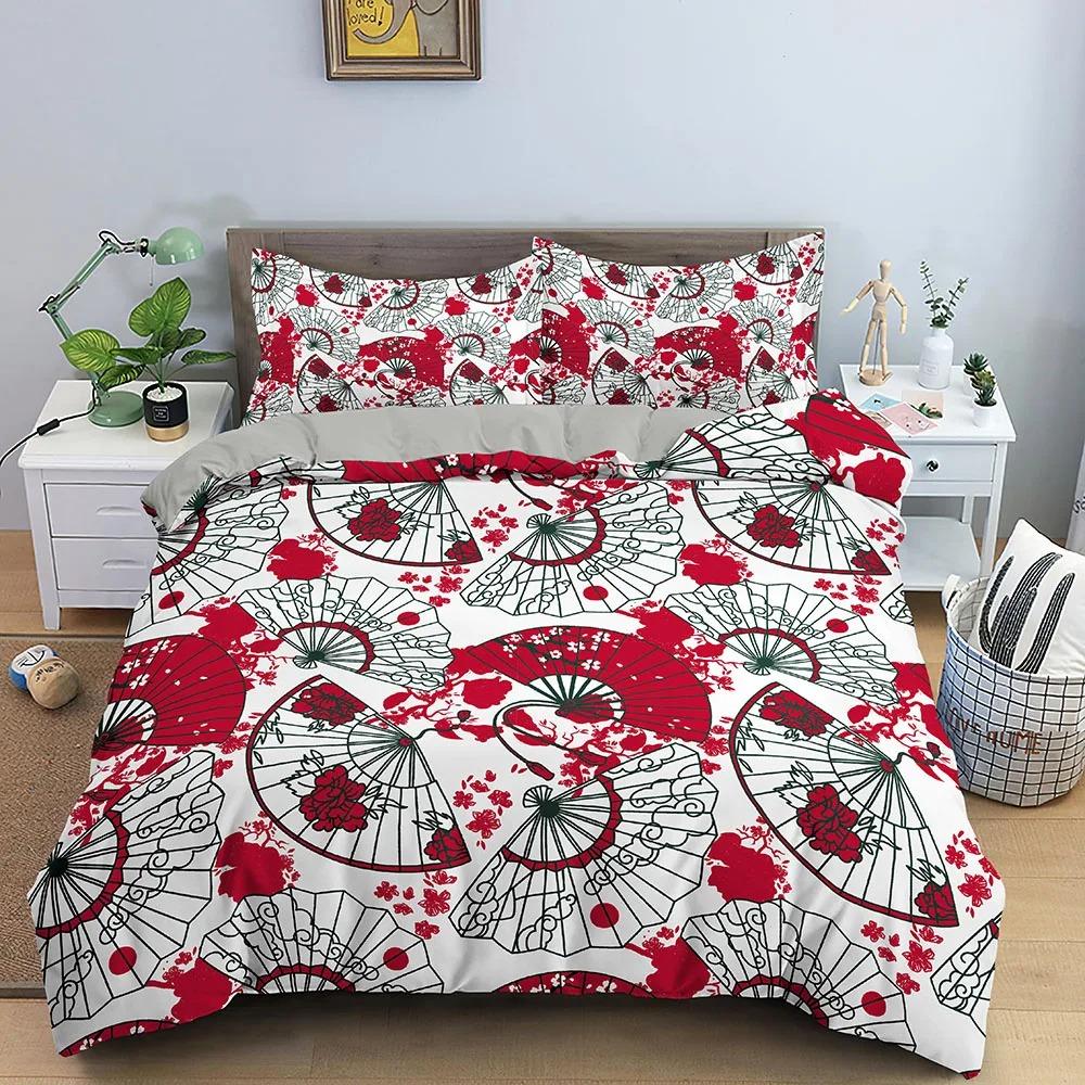 Japanese Doll Duvet Cover King Queen Lucky Cat Fan Bedding Set for Kids Girls Asian Japan Cultural 23PCS Polyester Quilt Cover