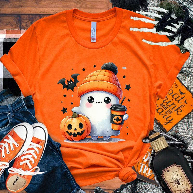 

New Hot Halloween Boo Pumpkin Coffee T-Shirts Fashion Women Girls Summer Tee Shirt Unisex Casual Short Sleeve Round Neck Tops T 4XL