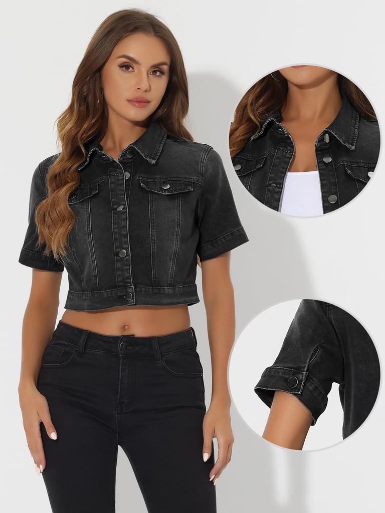 Allegra K Short Sleeve Denim Crop Size XL Women's Jacket, Casual, Black,