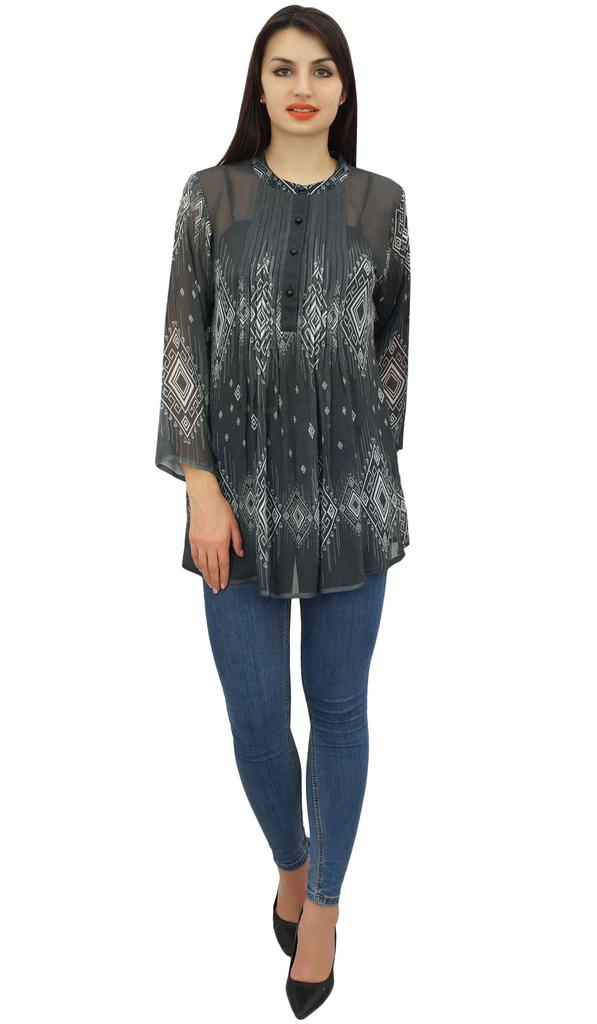 Phagun Women's Causal Black Digital Printed Full Sleeve Loose Tunic Top