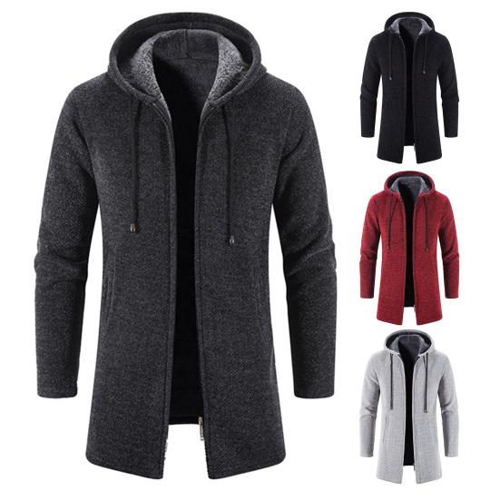 Men Knitting Coat Hooded Drawstring Long Sleeve Solid Color Jacket Zipper Placket Mid-length Warm Winter Jacket
