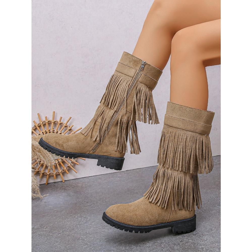 Dámské semišové boty s dvojitým třásněm, kotníkové boty na robustním středním podpatku se zipem na boku a kulatou špičkou, široké lýtko, nadměrné velikosti, dlouhé boty na podzim/zimu