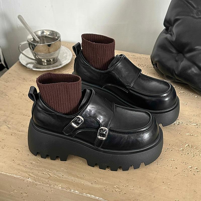 

Женские туфли на толстой подошве, одинарные, весна, новые, круглый носок, глубокий вырез, металлическая пряжка, противоскользящие, износостойкие лоферы 40