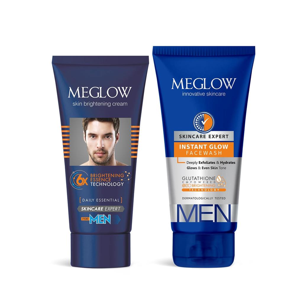 Meglow Combo Schiarente per Uomo | Detergente Viso Effetto Glow Istantaneo (70g) + Crema Viso (50g) | Confezione Combinata Schiarente per la Pelle da Uomo | SPF 15 | Senza Parabeni | Vit