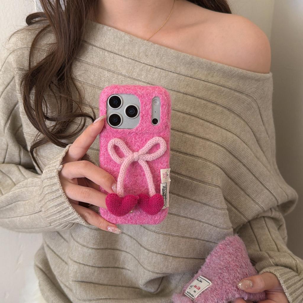 Ins plush love bow for iPhone17 mobile phone case Apple 16promax fashion 15/14/13