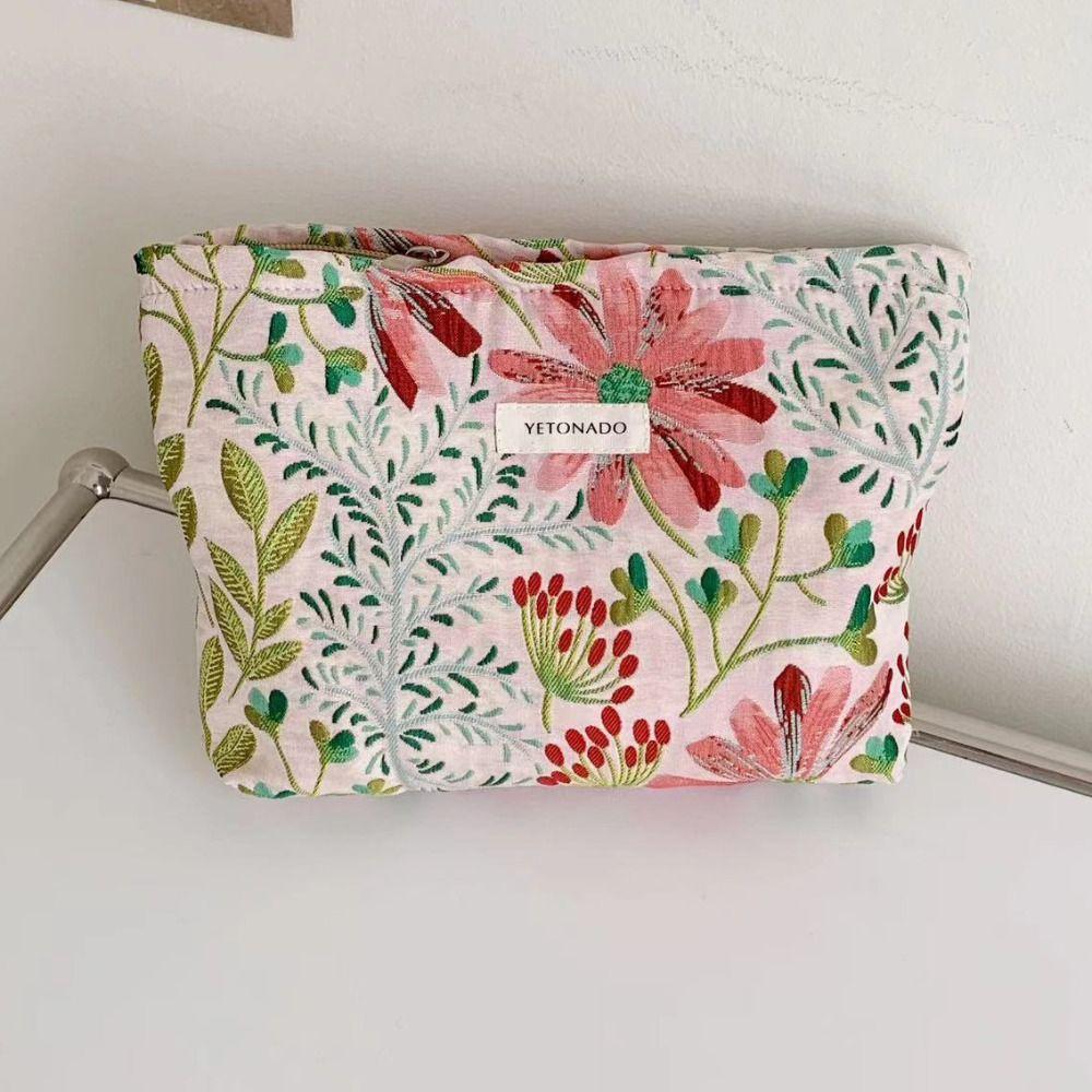 Polyester Canvas Flower Clutch Bag Large Capacity Zipper Closure Cosmetic Storage Pouch Portable Flower Pattern Makeup Bag