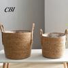 Garden Plant Display Baskets Woven Seagrass Pot with Handle, Built-in Plastic Film Lining Sustainable Straw Planters Storage Basket, Natural