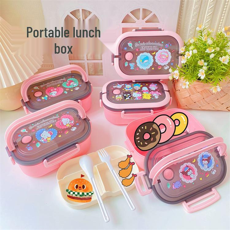 Portable Japanese Double-Layer Bento Lunch Box for Students & Office Workers - Large Capacity, Cartoon Design