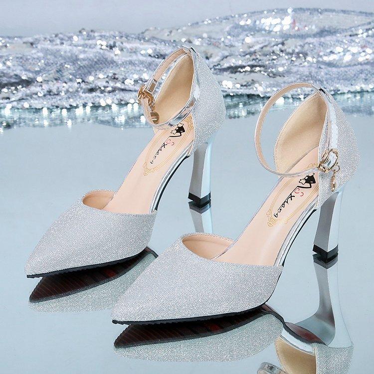 2025 autumn new Korean version one-word buckle strap high heels pointed hollow sequins single shoes stiletto women's shoes